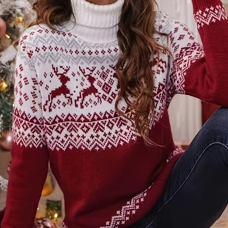 Pull de Noel Femme Col Roulé avec Motifs Rennes