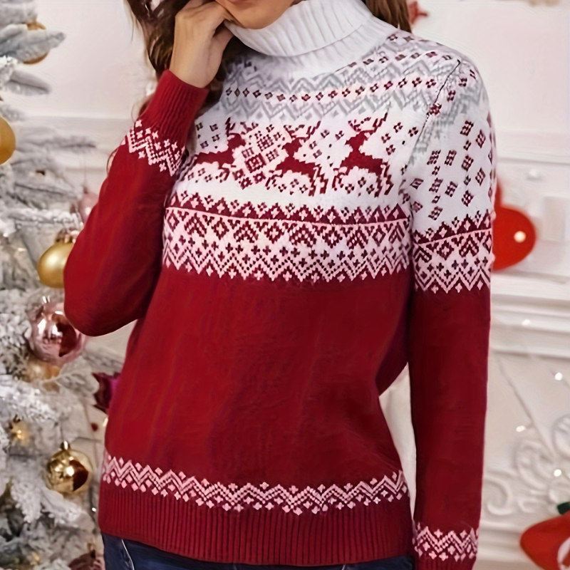 Pull de Noel Femme Col Roulé avec Motifs Rennes